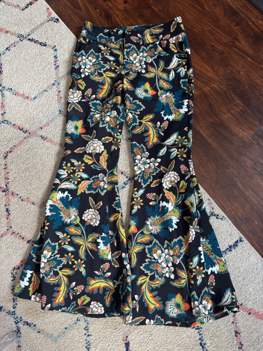 INC International Concepts Black Floral Bell Bottom Pants